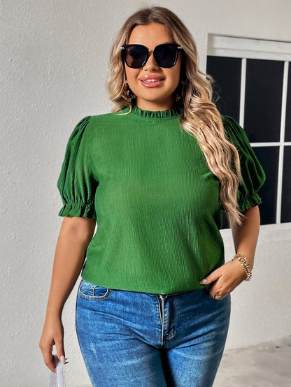 Plus Size Round Neck Flounce Sleeve Blouse.