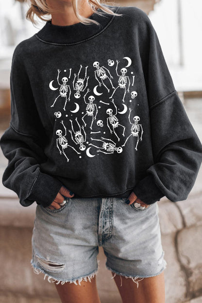 Skeleton print long sleeve sweatshirt with round neck