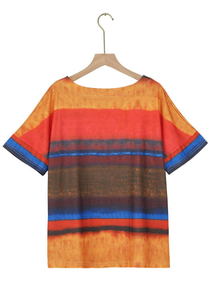 Full Size Color Block Round Neck Half Sleeve T-Shirt.