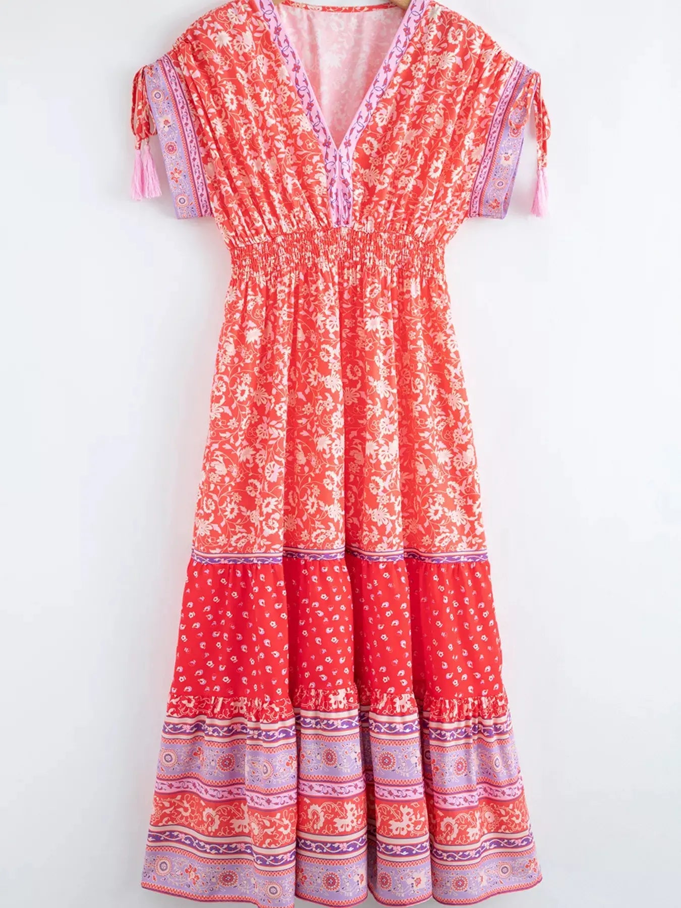 Floral Print Tasseled Tied Sleeve Empire Waist Dress Simply Love