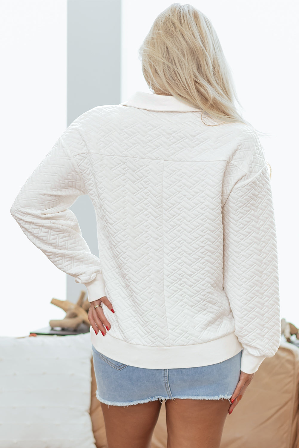 Premium White Textured Pocketed Collared V Neck Pullover Sweatshirt Dear-Lover Dropshipping