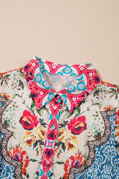Rose Floral Mixed Pattern Ruffle Flutter Sleeve Dress