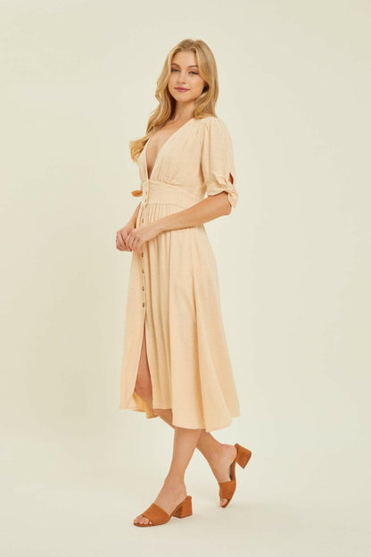 HEYSON Full Size Textured Linen V-Neck Button-Down Midi Dress.