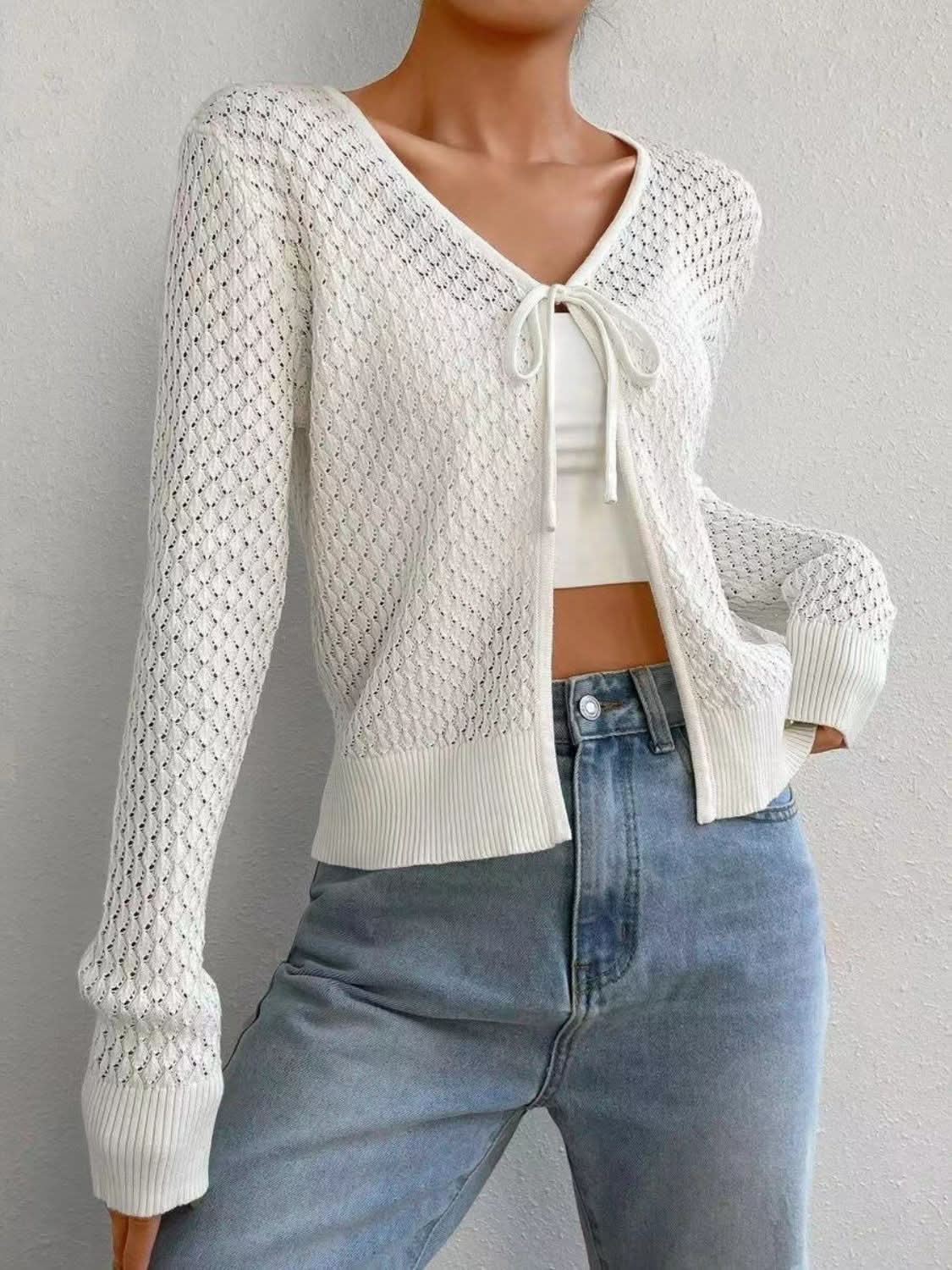 Tied Openwork V-Neck Long Sleeve Cardigan