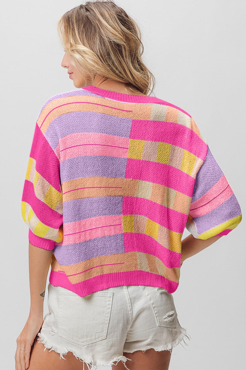 BiBi Multi Color Striped Round Neck Knit Top.