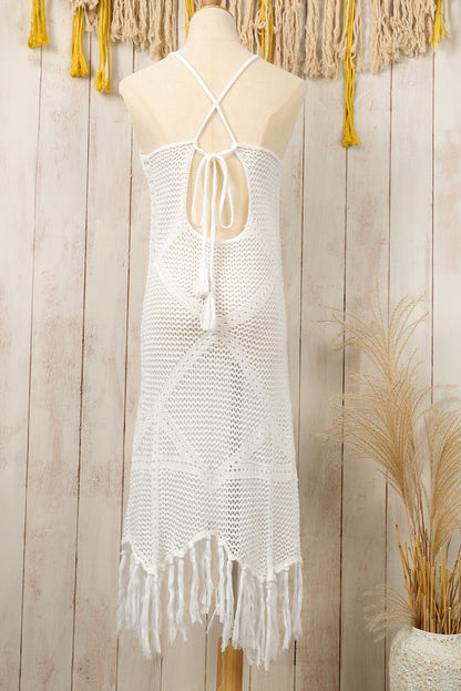 Elegant white beach dress with crisscross back and tassel details