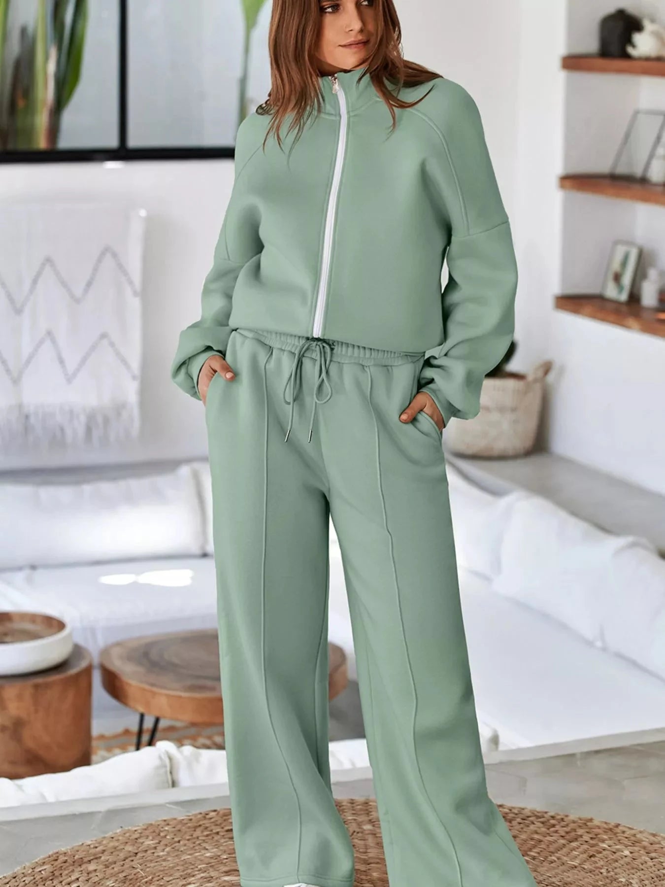 Drop Shoulder Zip Up Jacket and Drawstring Pants Active 2pcs Set Coco’s Tee Boutique