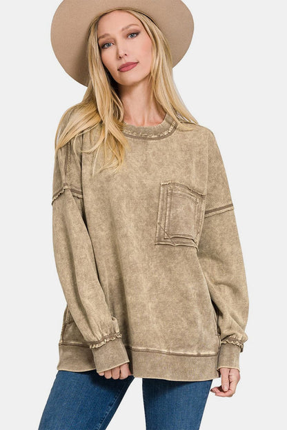 Trendy exposed seam drop shoulder sweatshirt with round neck