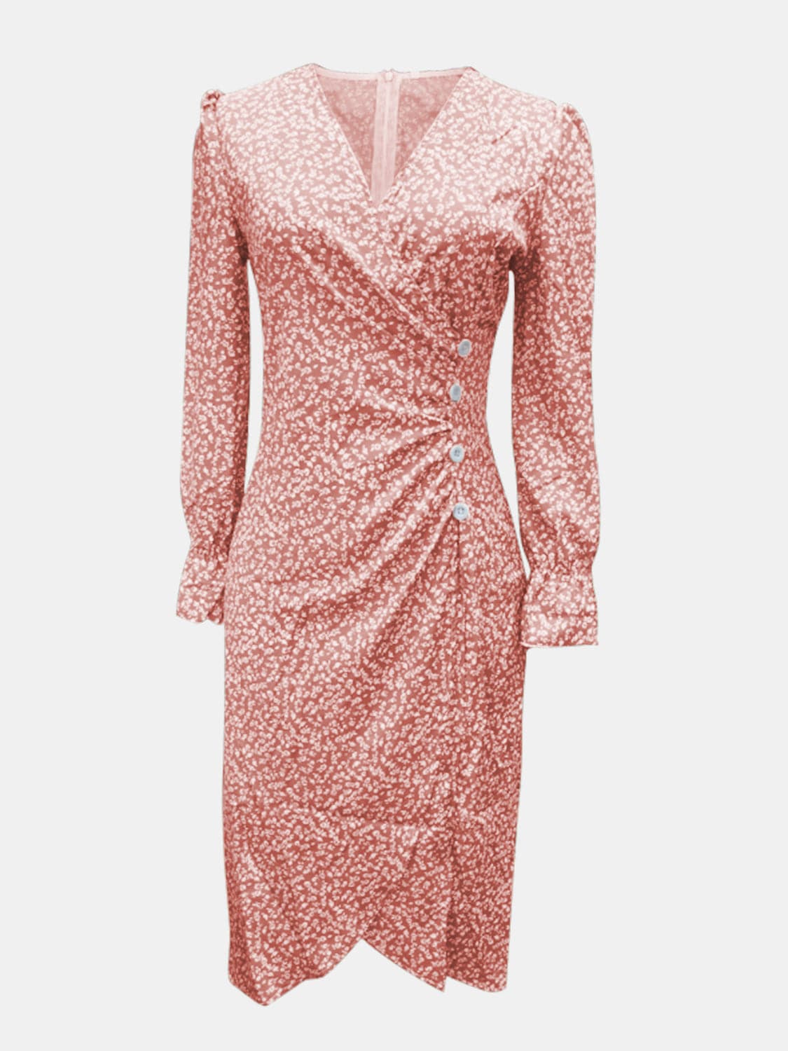 Full Size Printed Surplice Long Sleeve Midi Dress.