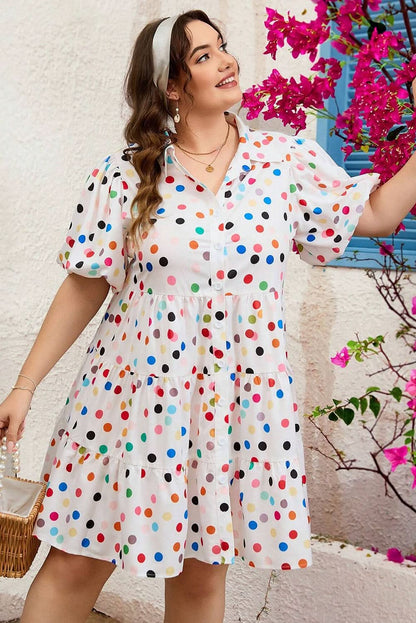 White Polka Dot Bubble Sleeve Plus Size Shirt Dress with Button Front Closure