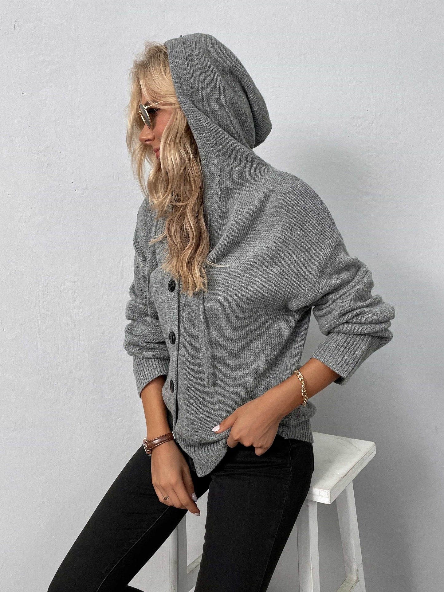 Button-Down Long Sleeve Hooded Sweater.