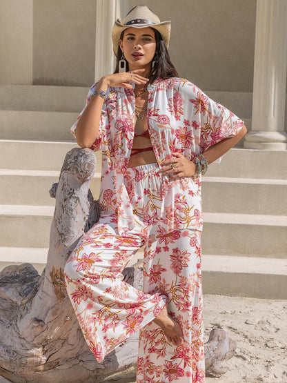 Printed Open Front Half Sleeve Top and Pants Set.