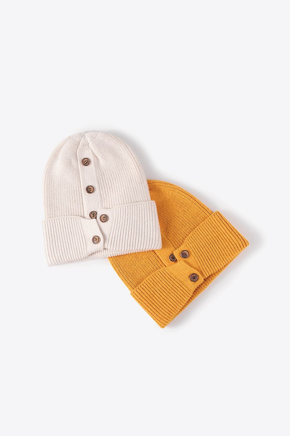 Button Detail Rib-Knit Cuff Beanie.