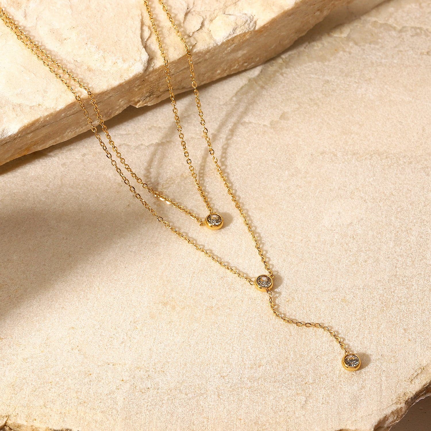 Stainless Steel Zircon Double-Layered Necklace.