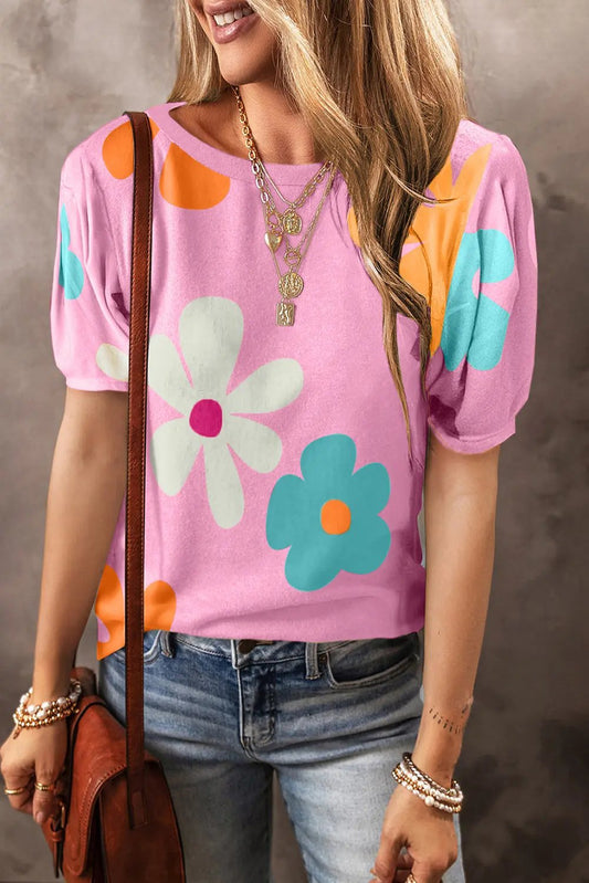Macy Flower Print Bubble Sleeve Summer Tee - Love Salve 