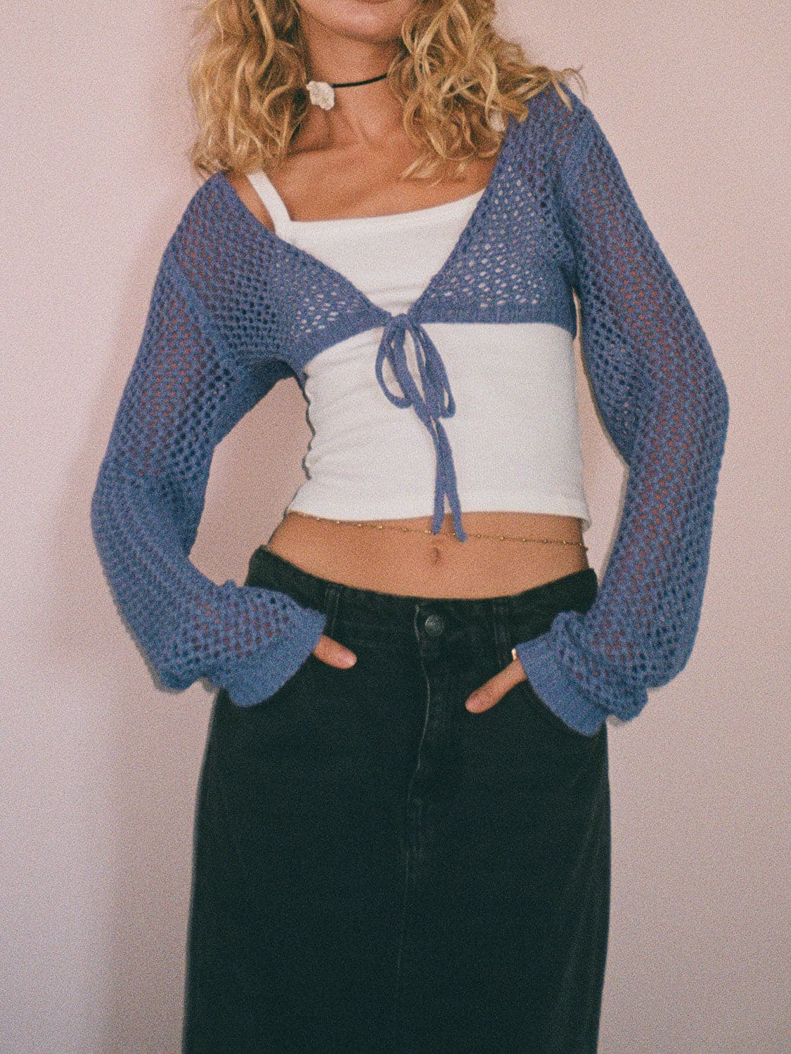 Openwork Tied Dropped Shoulder Cardigan.