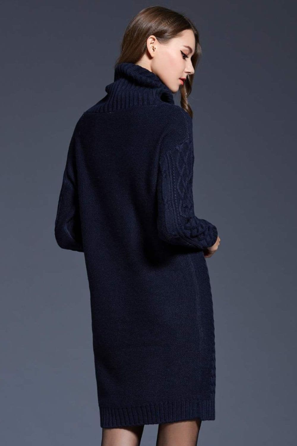 Woven Right Full Size Mixed Knit Cowl Neck Dropped Shoulder Sweater Dress.