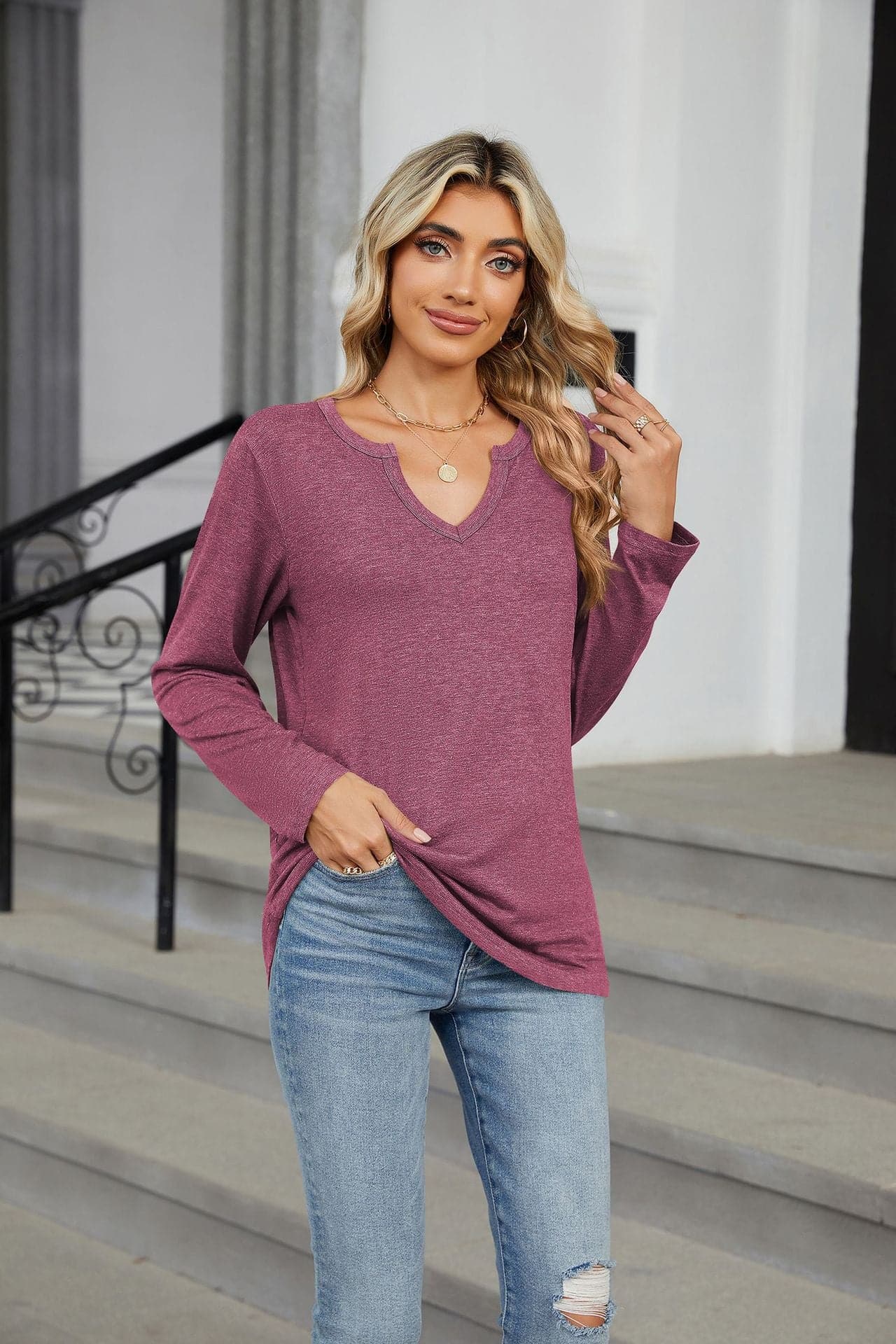 Notched Long Sleeve T-Shirt.