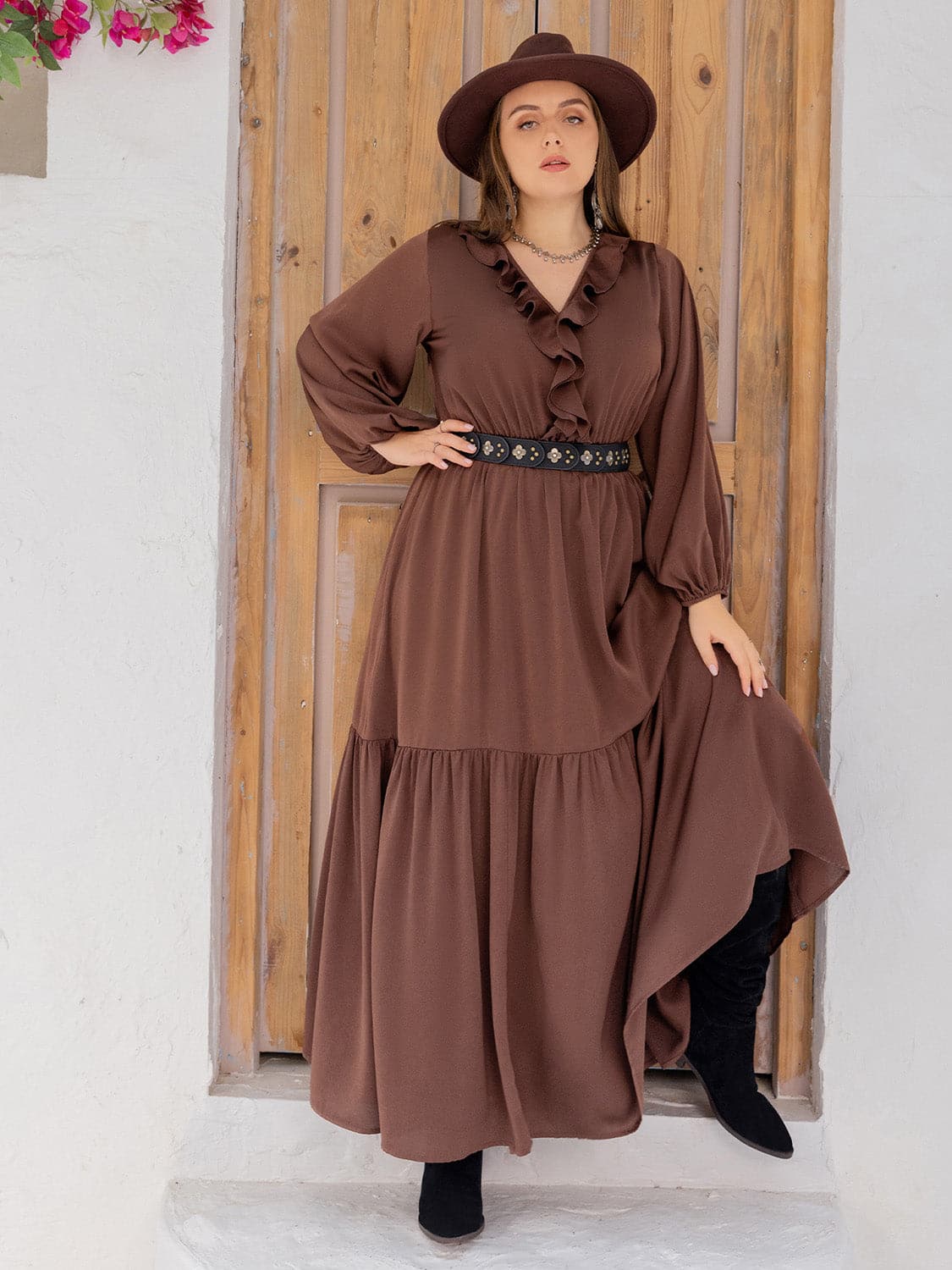 Plus Size V-Neck Ruffle Trim Maxi Dress.