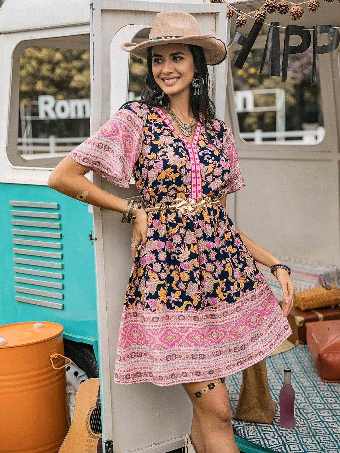 Printed V-Neck Short Sleeve Dress.