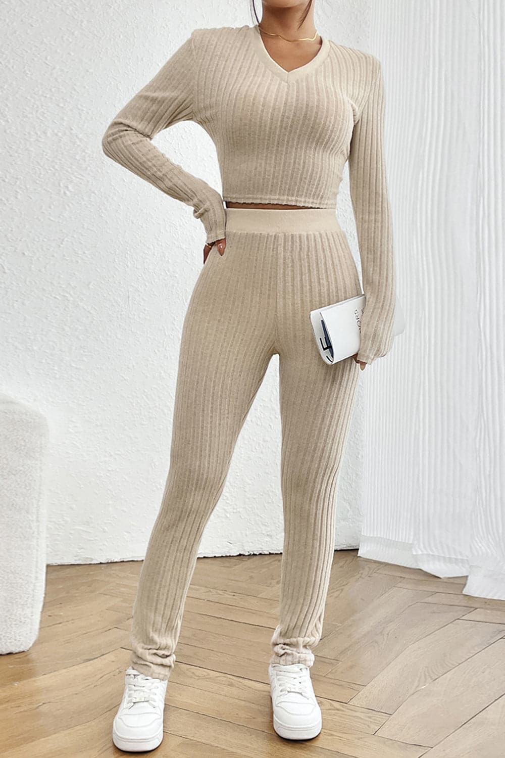 Ribbed V-Neck Long Sleeve Cropped Top and Pants Set.