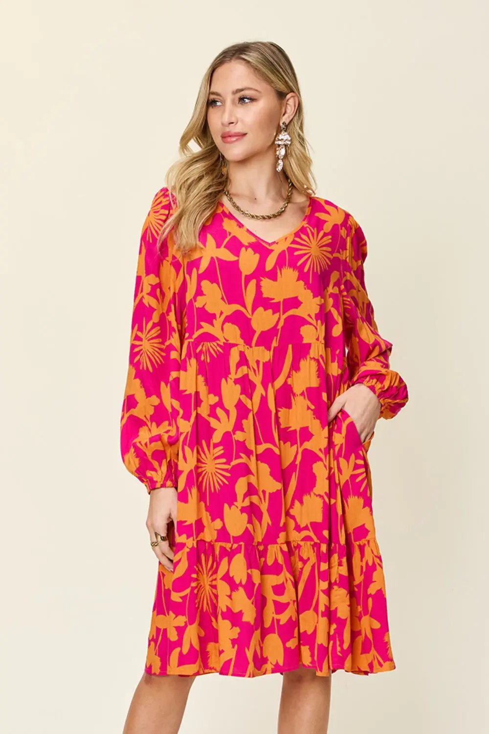 Double Take Full Size Printed Ruffle Hem Long Sleeve Dress - Love Salve