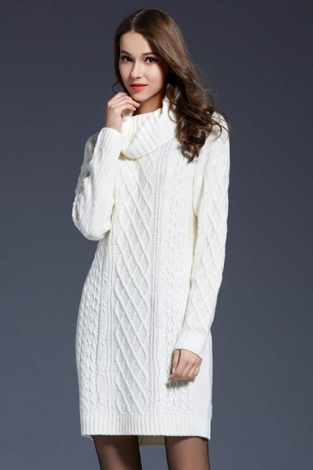 Woven Right Full Size Mixed Knit Cowl Neck Dropped Shoulder Sweater Dress.