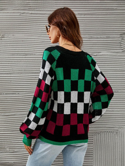 Checkered V-Neck Lantern Sleeve Sweater.