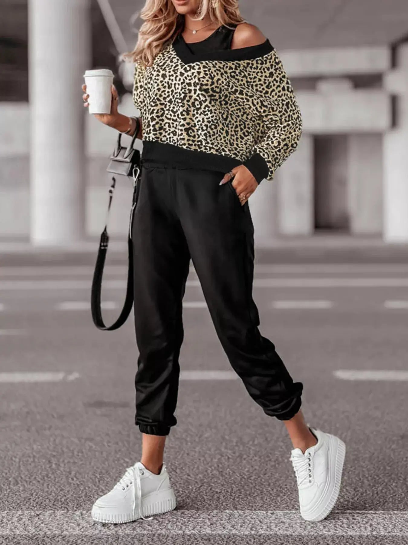 Leopard Print Sweatshirt and Jogger Set Simply Love