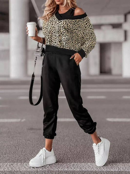 Leopard Print Sweatshirt and Jogger Set Simply Love