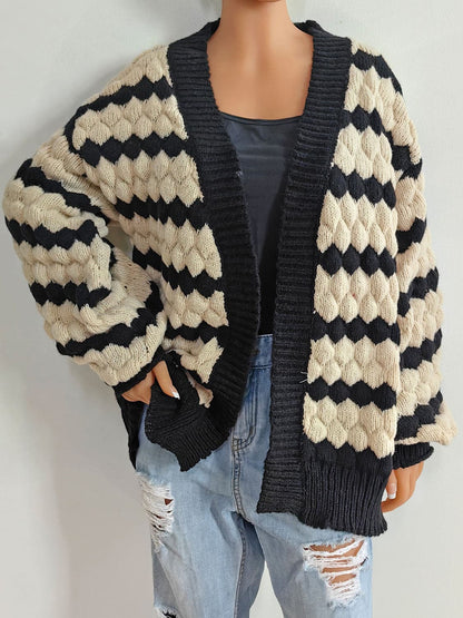 Striped Contrast Open Front Long Sleeve Cardigan.