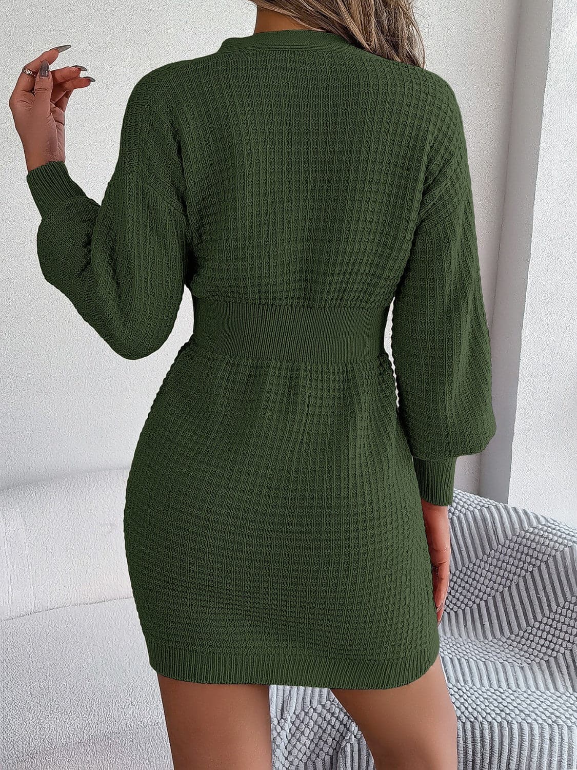 Buttoned Cable-Knit V-Neck Sweater Dress.