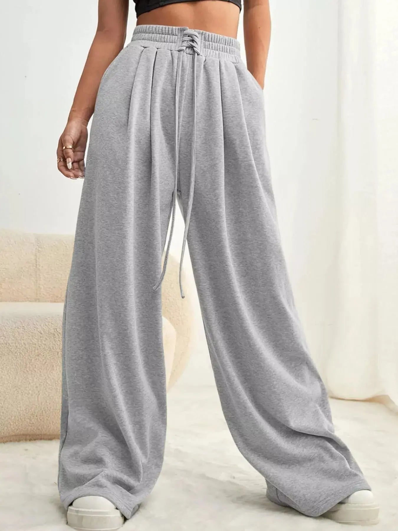 Grey Drawstring Waist Wide Leg Lounge Pants With Hidden Pockets Simply Love