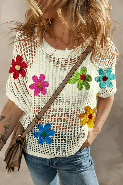 Chic white crochet floral hollow-out sweater tee