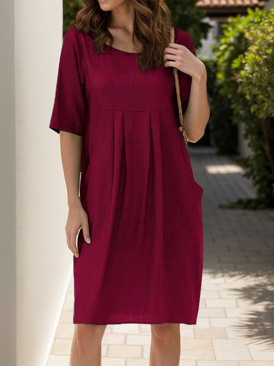 Full Size Round Neck Half Sleeve Dress with Pockets.