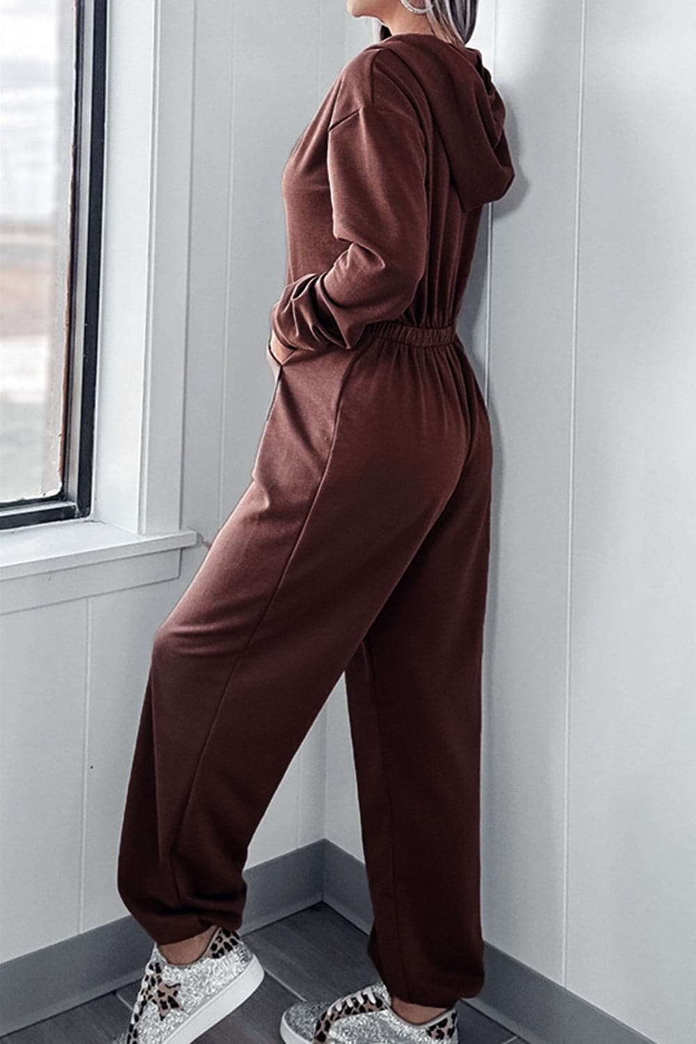 Full Size Drawstring Long Sleeve Jumpsuit.