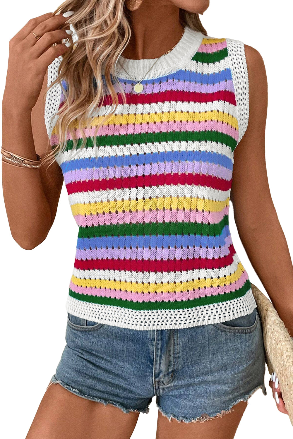 Vibrant striped knitted vest with eyelet detailing