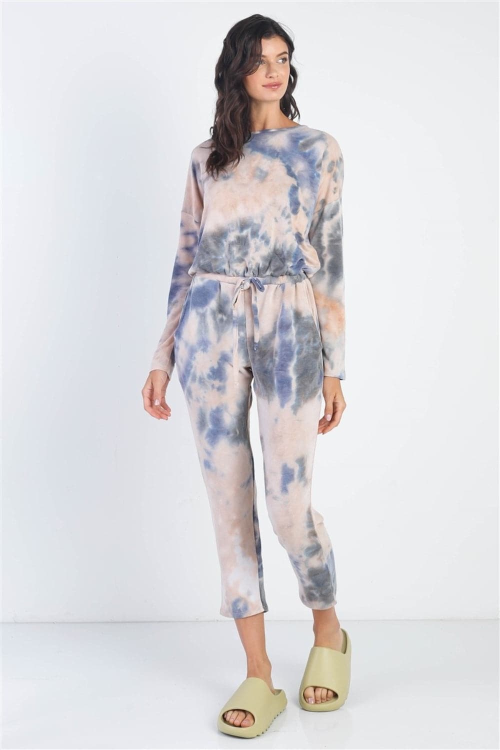 Cherish Apparel Tie-Dye Round Neck Long Sleeve Jumpsuit.