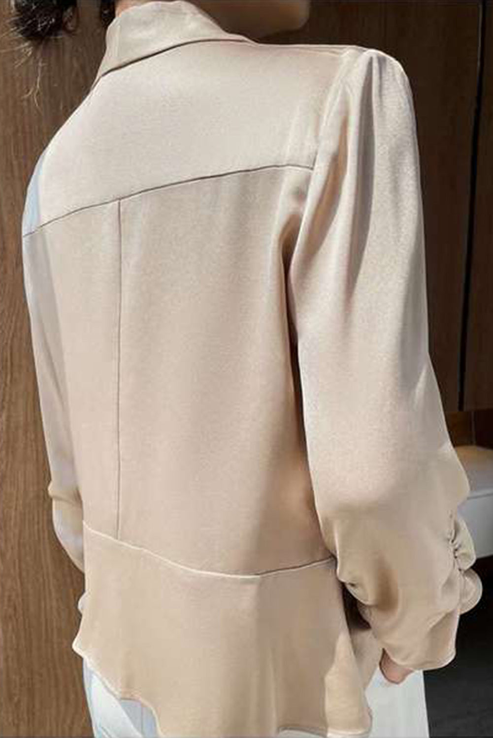 Elegant apricot satin blazer with lapel collar