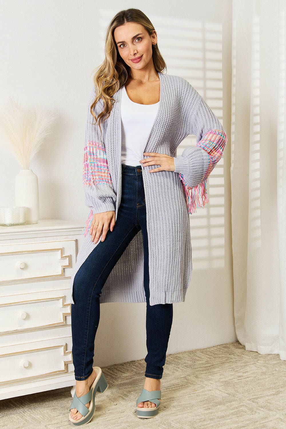 Woven Right Fringe Sleeve Dropped Shoulder Cardigan.