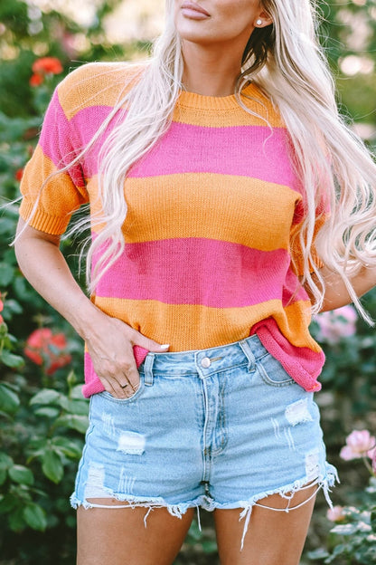 Color Block Round Neck Short Sleeve Knit Top.