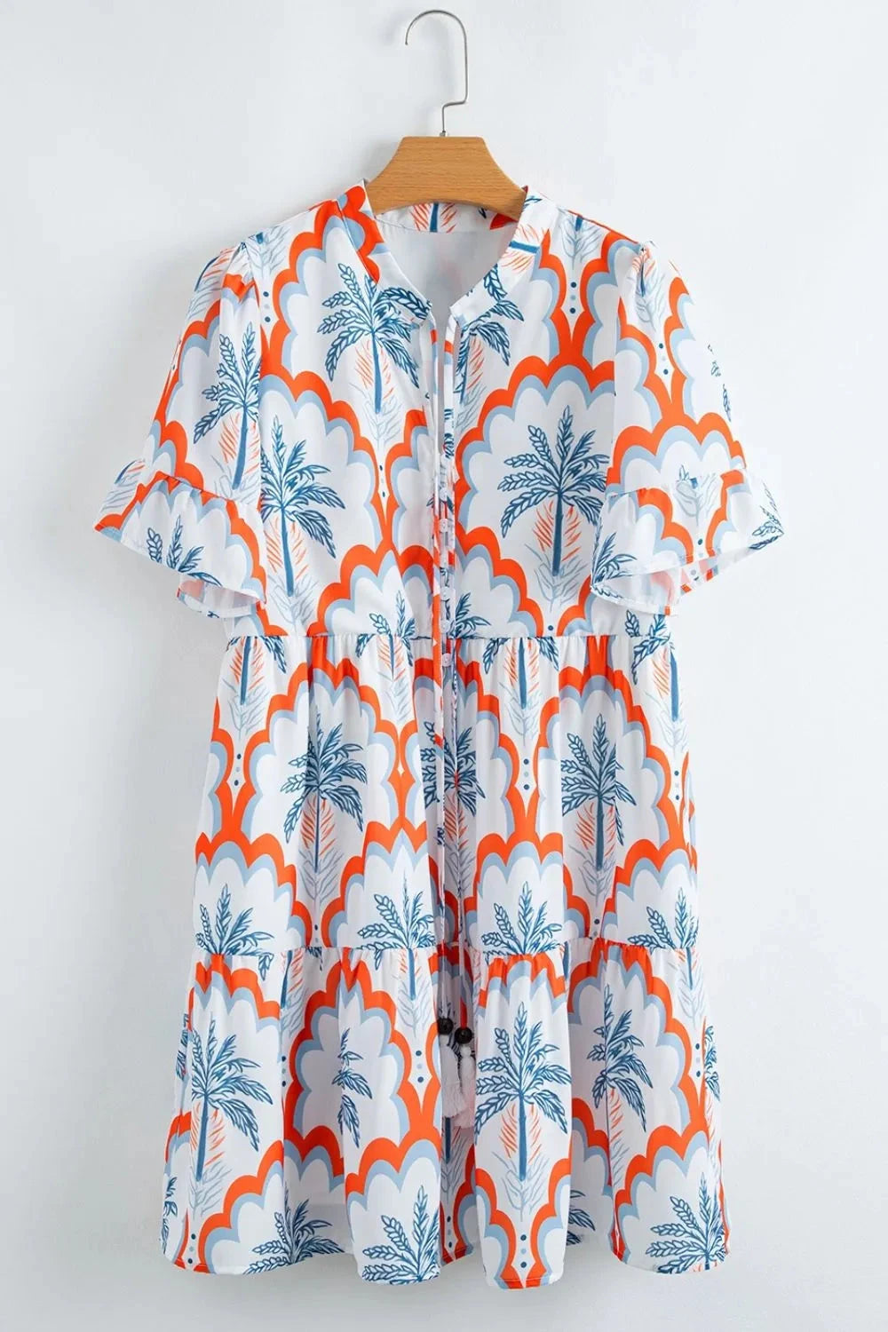 Contrast Palm Tree Printed Short Sleeve Flowy Dress Simply Love