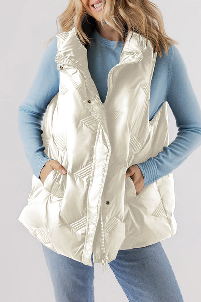 Chic white quilted high neck vest with zip closure