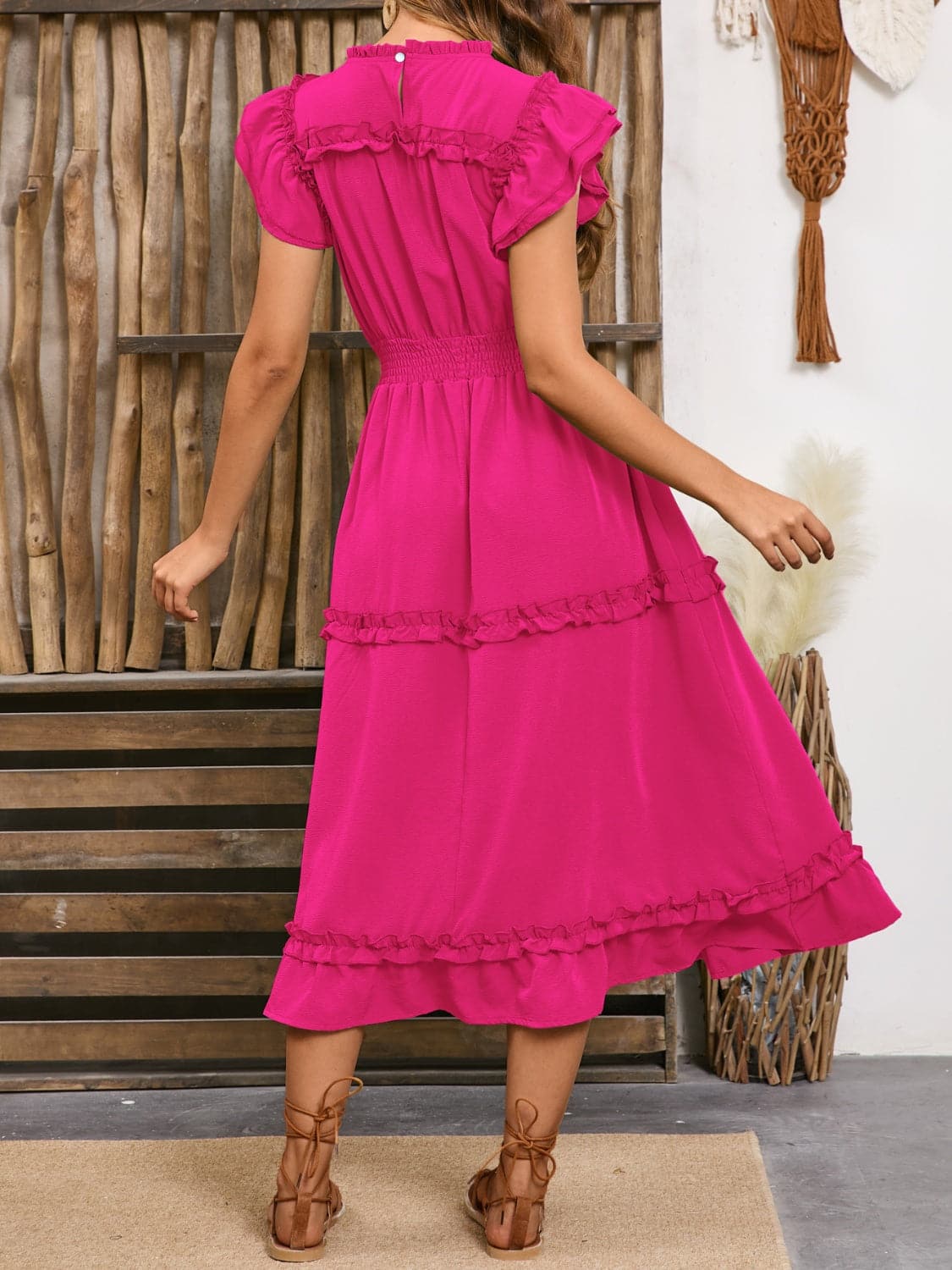 Frill Round Neck Cap Sleeve Midi Dress.