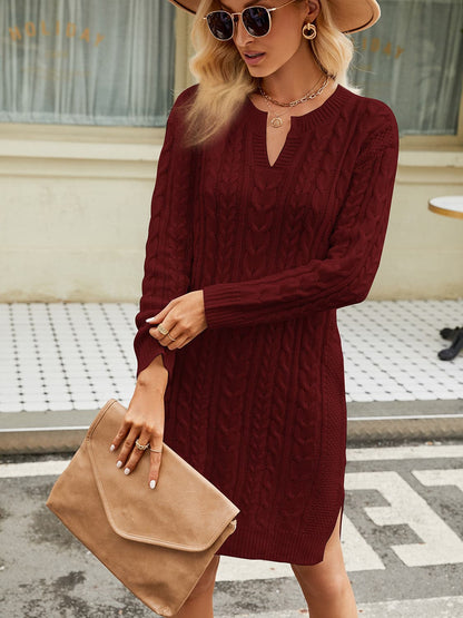 Notched Neck Cable-Knit Slit Sweater Dress.