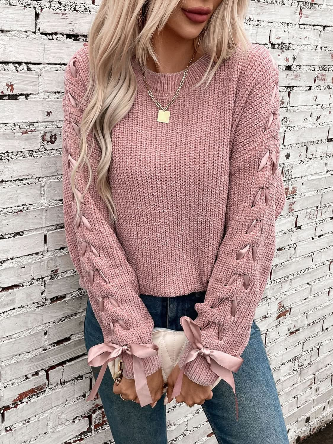 Lace Up Round Neck Long Sleeve Sweater