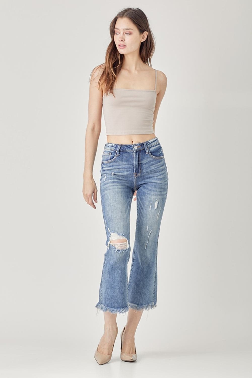 RISEN High Waist Distressed Cropped Bootcut Jeans.