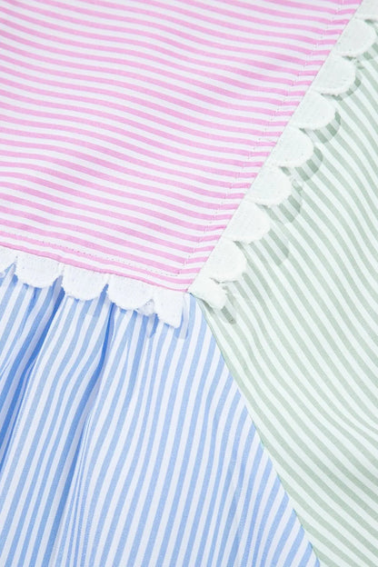 Striped Patchwork Ric Rac Puff Sleeve Collared Mini Dress