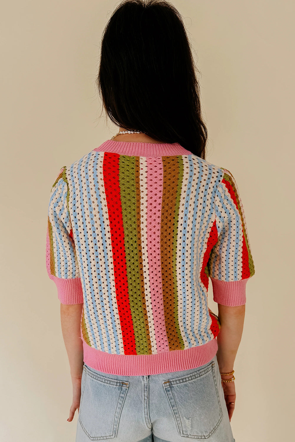 Multicolour Striped Pointelle Knit Short Sleeve Sweater Dear-Lover Dropshipping