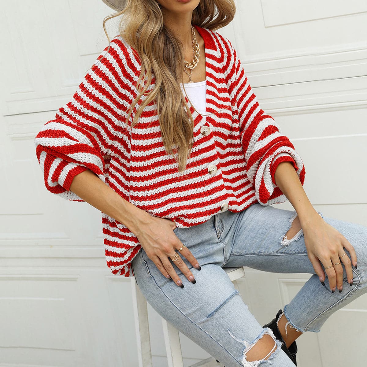 Striped Button Down Long Sleeve Cardigan.